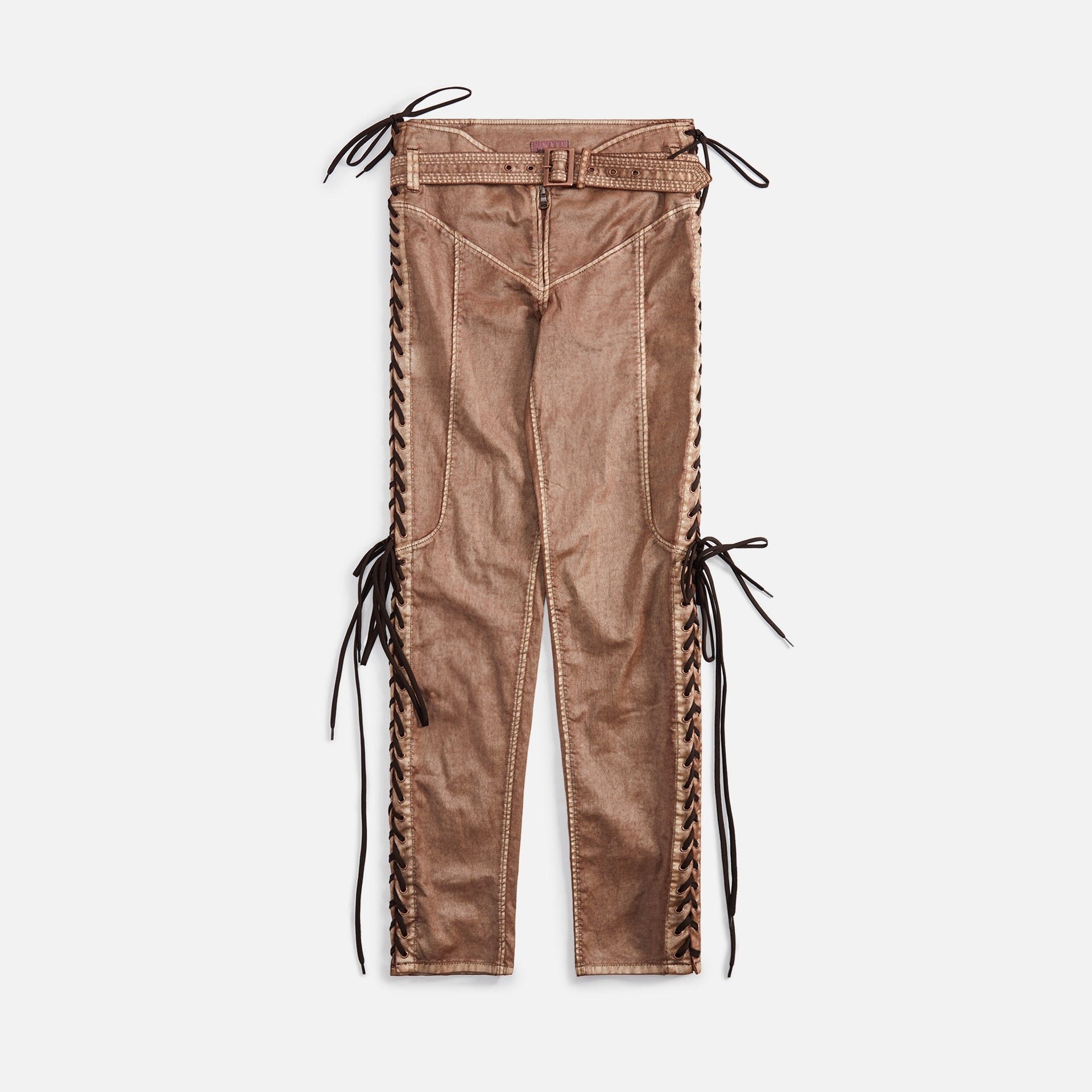 Jean Paul Gaultier x KNWLS Low Waist Laced Straight Trousers with Topstiched - Brown