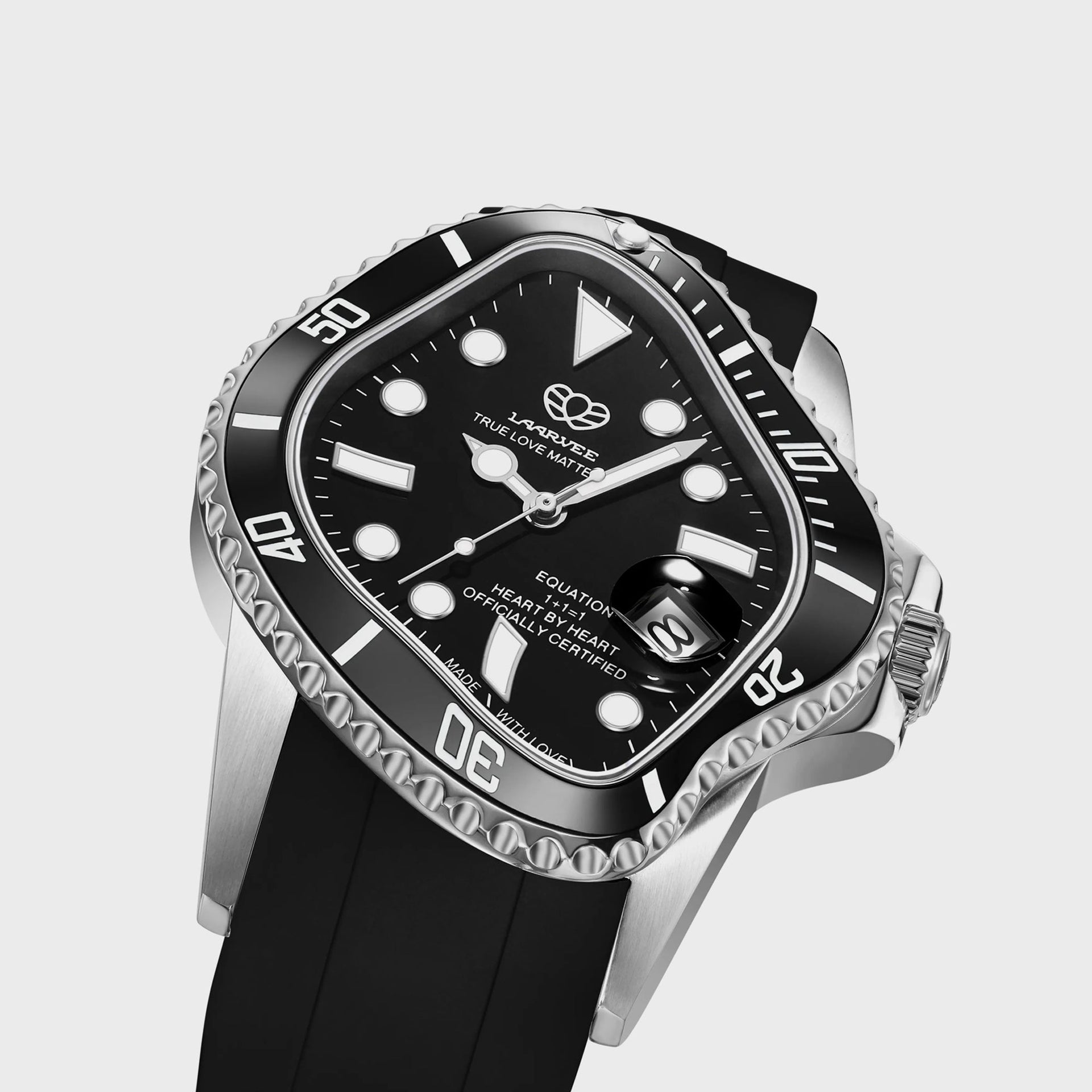 LAARVEE Silver Precision Steel - Black Ceramic Bezel / Black Dial / Black Rubber Belt