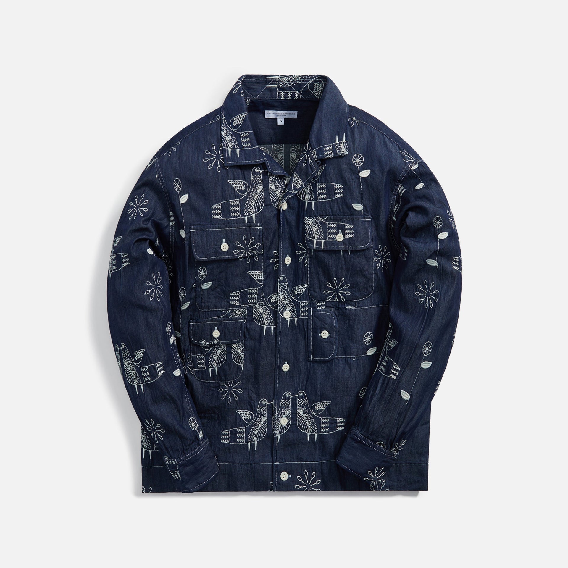 Engineered Garments Olive Bowling Shirt Bird Embroidery Denim - Indigo