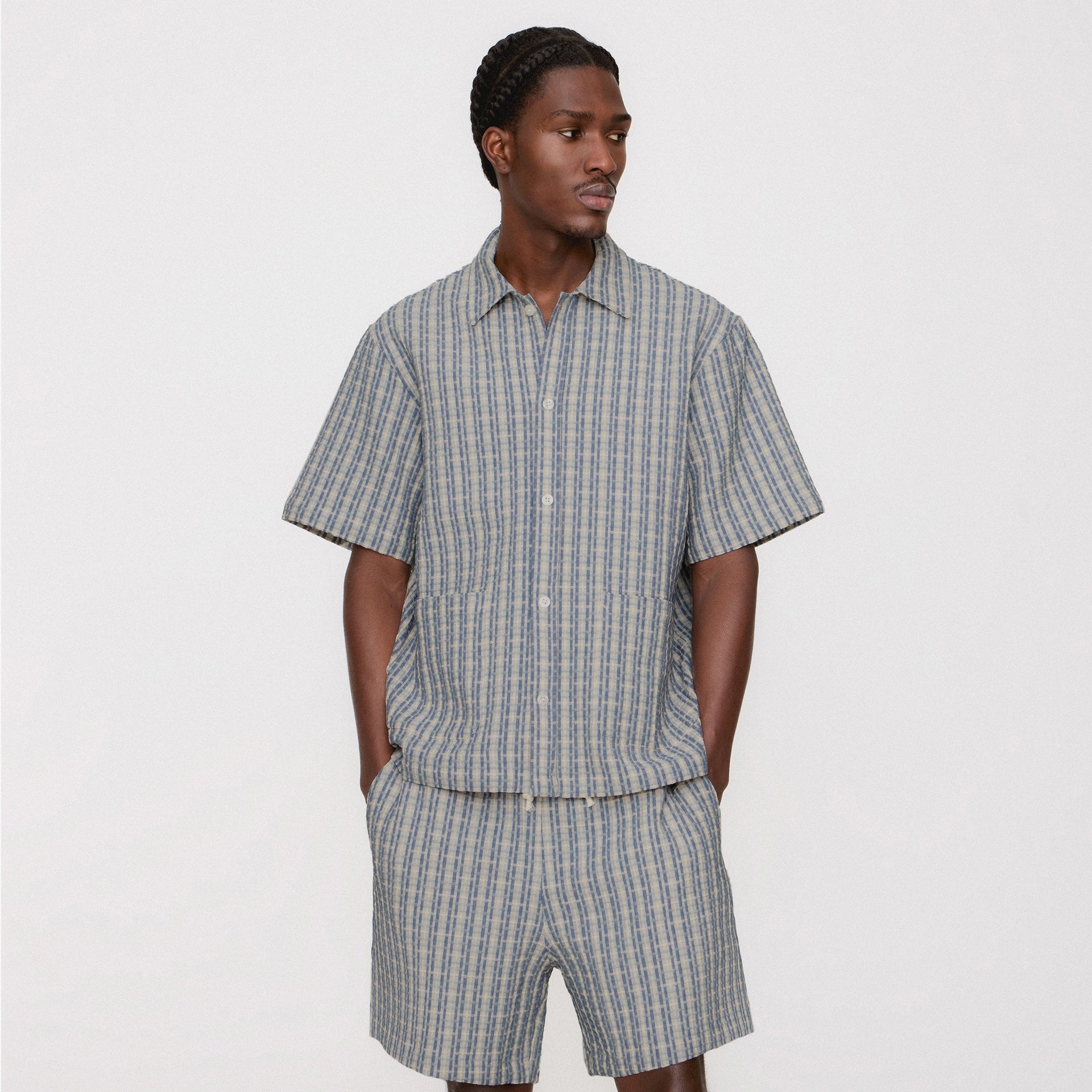 Kith Bubble Check Short Sleeve Boxy Collared Overshirt - Light Indigo