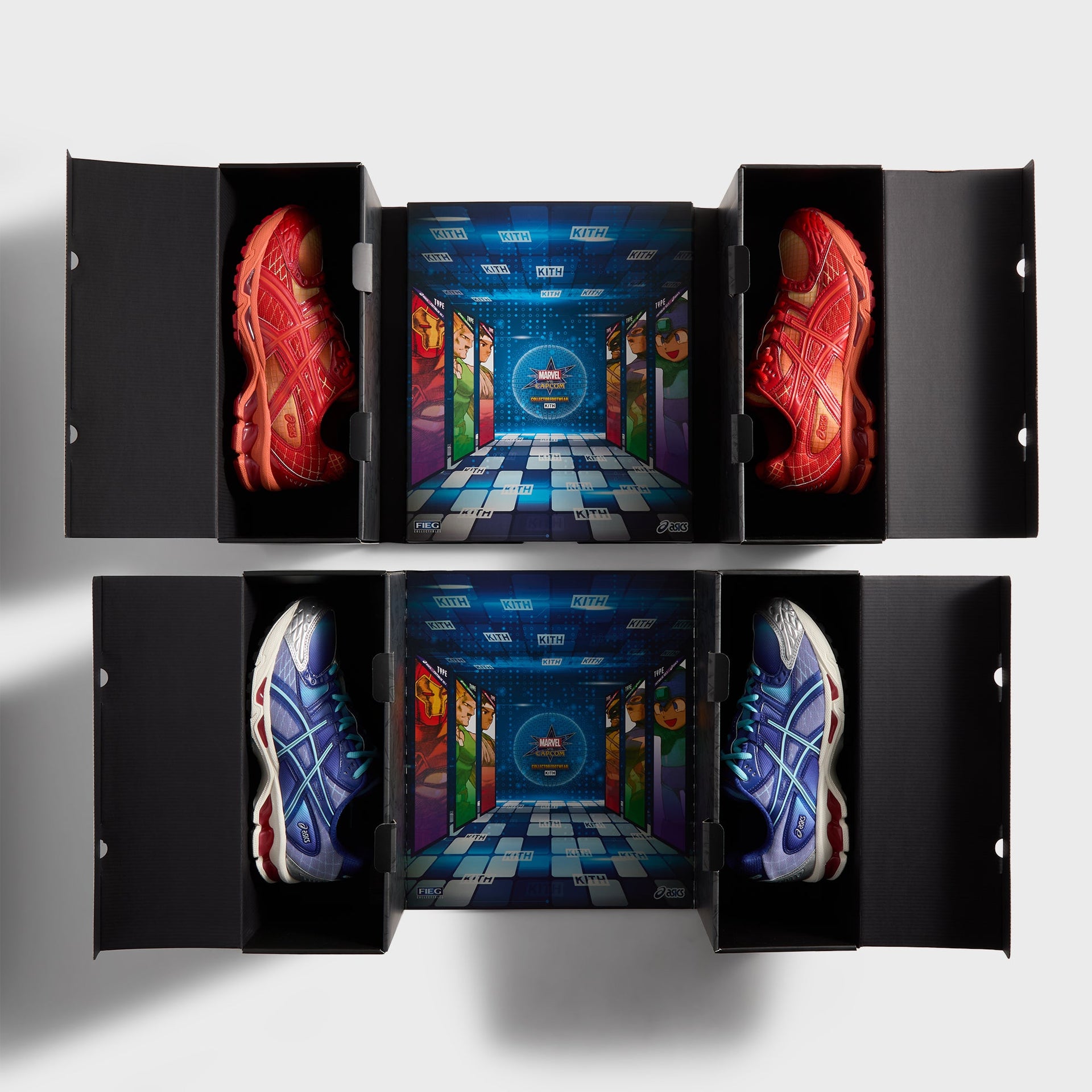 Marvel vs. Capcom | Kith for ASICS Gel-Nimbus 10.1 Iron Man vs. Mega Man Double Box - Italian Straw / Molten Lava / Mazarine Blue