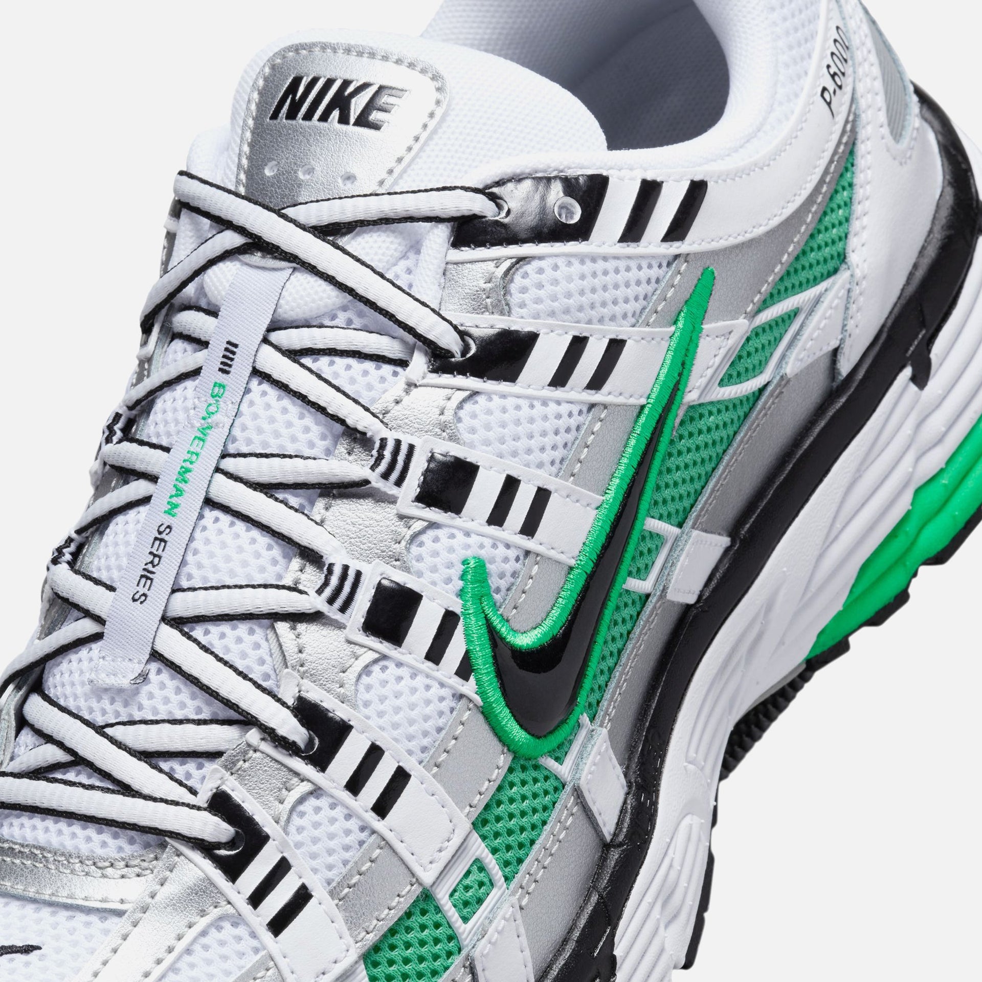 Nike P-6000 - White / Black / Metallic Silver / Spring Green