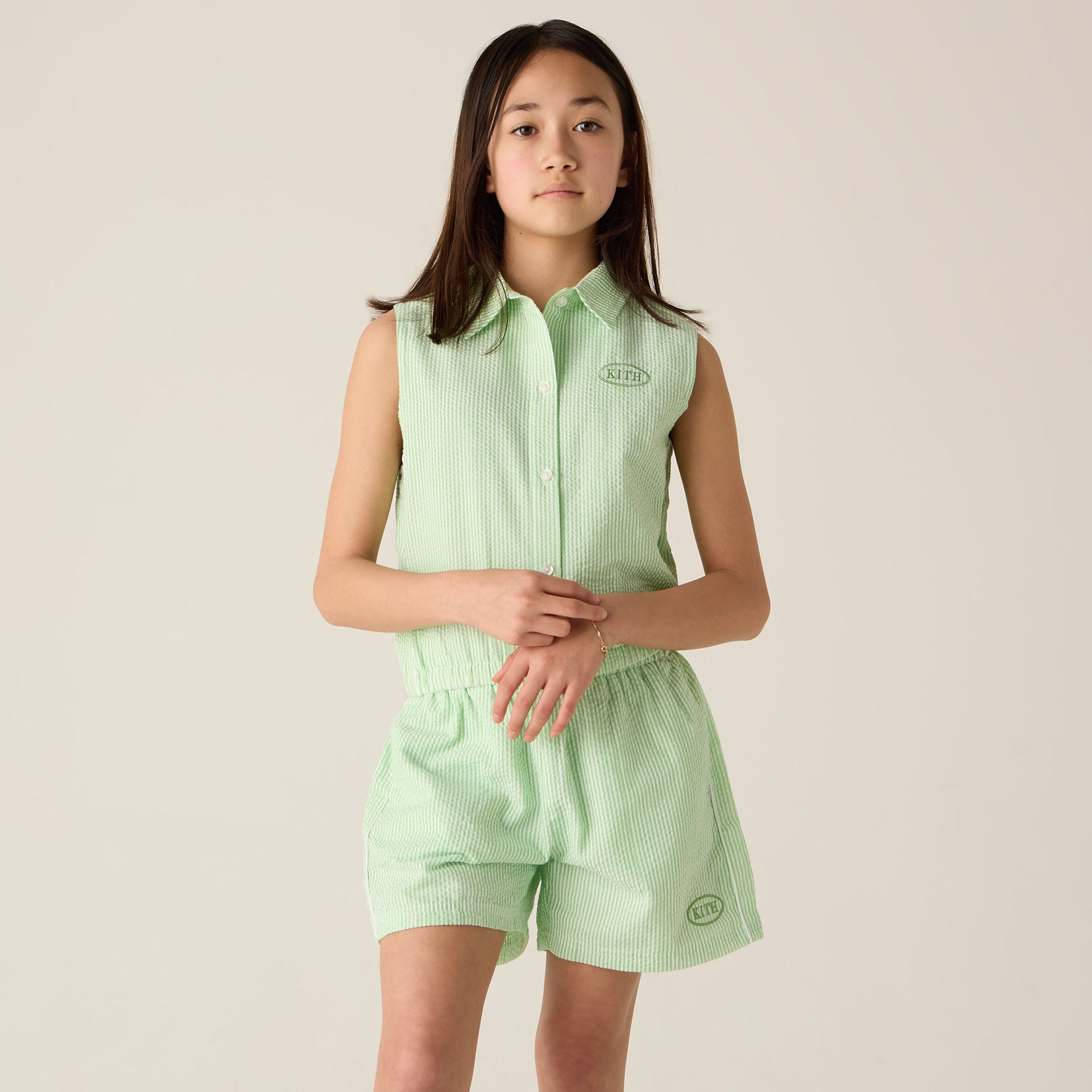 Kith Kids Seersucker Cropped Button Front Tank - Honeydew