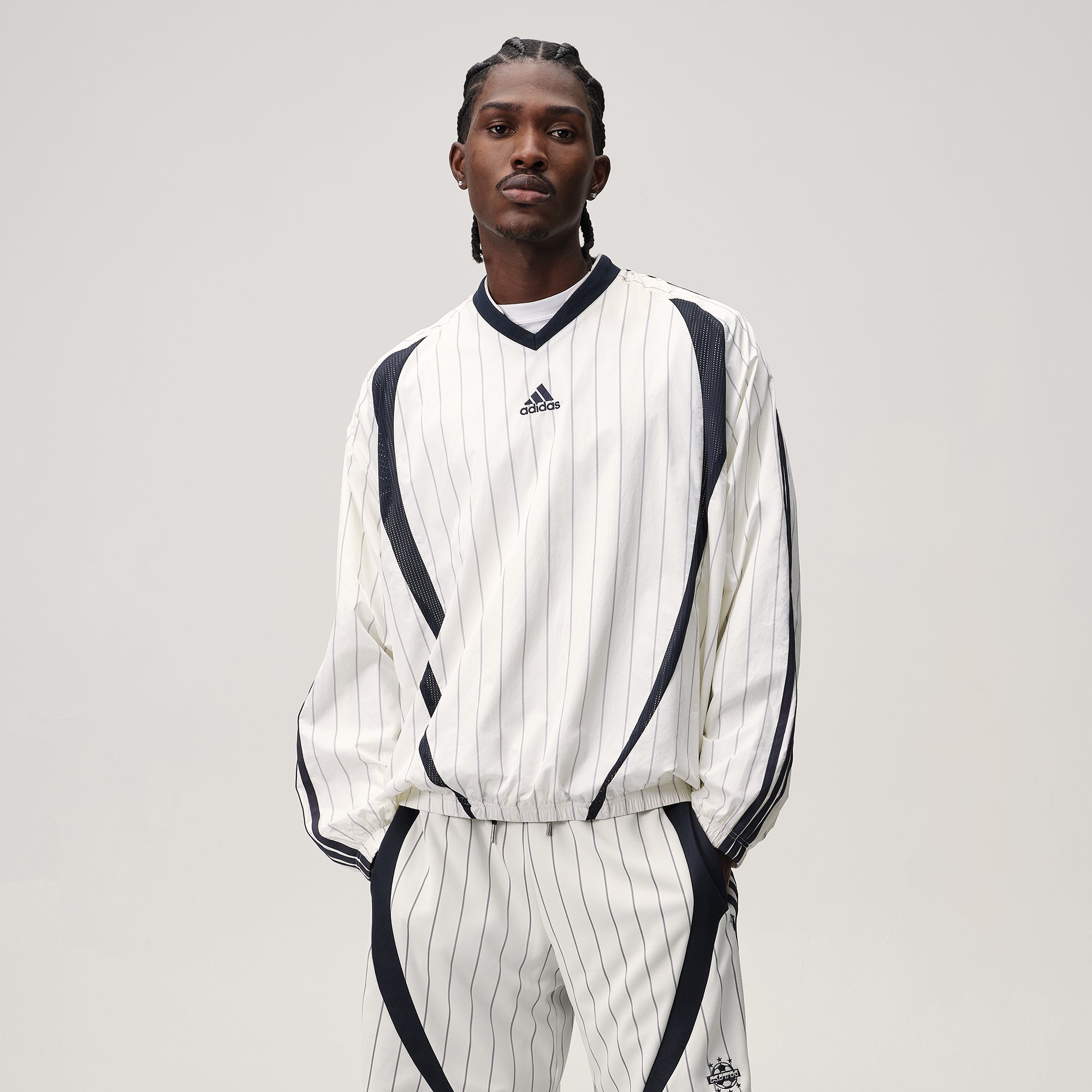 Kith for adidas Football Pinstripe Long Sleeve V-Neck - White