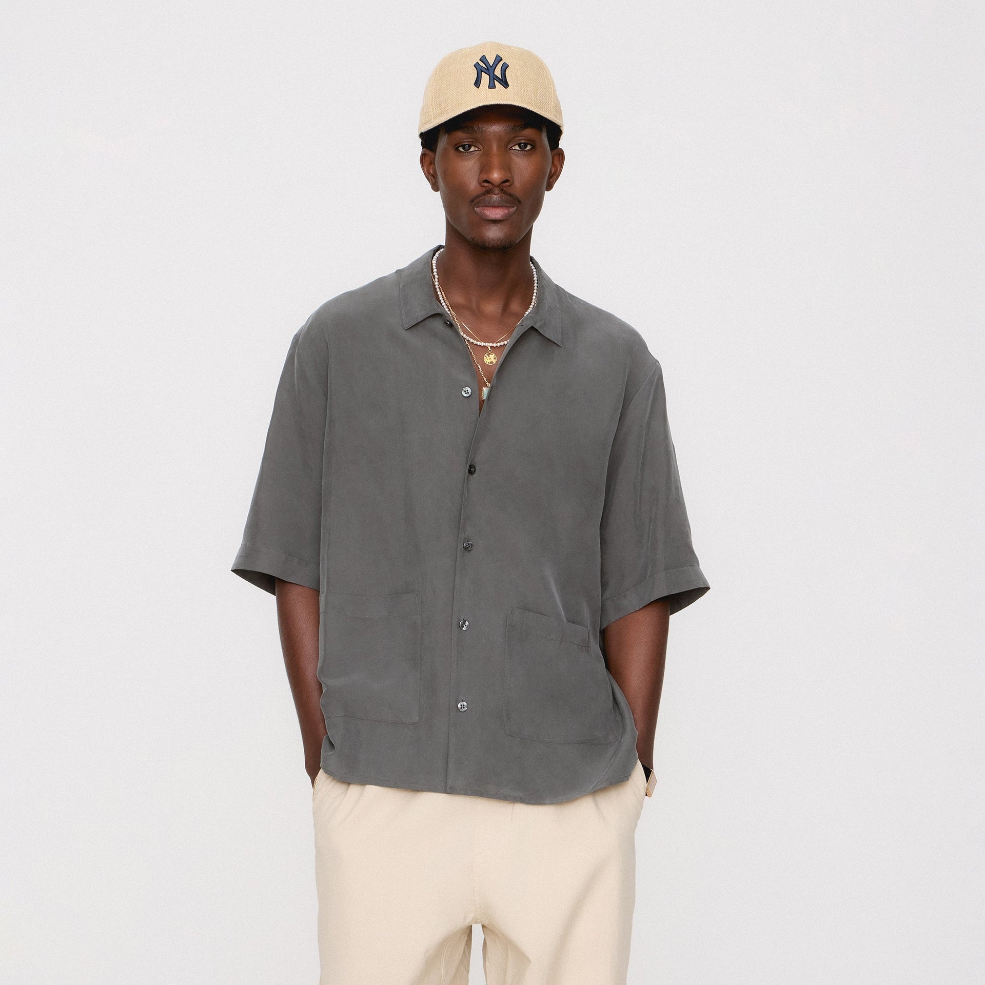 &Kin Silk Habotai Short Sleeve Reade Shirt -  Somber PH