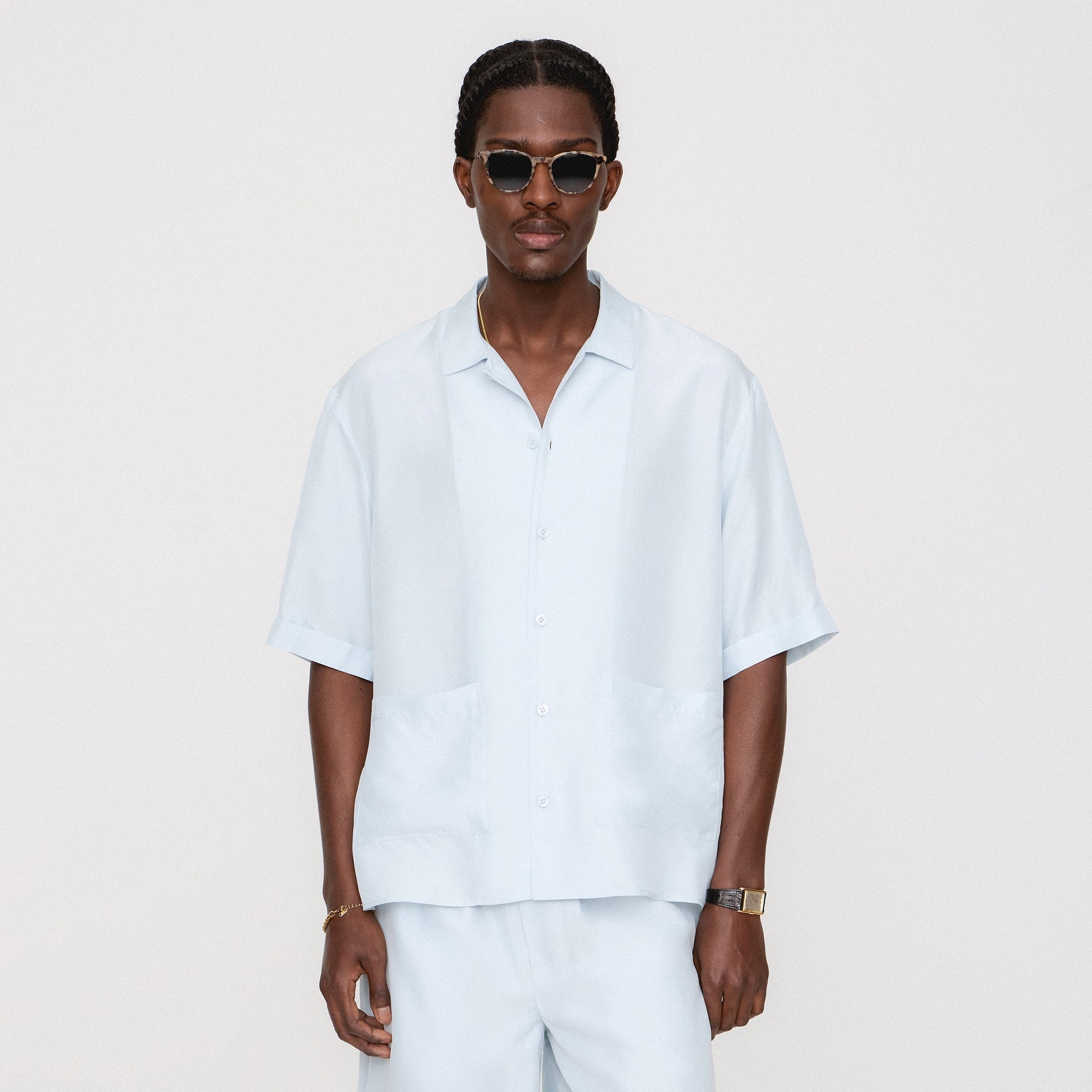 &Kin Silk Habotai Short Sleeve Reade Shirt -  Light Indigo PH