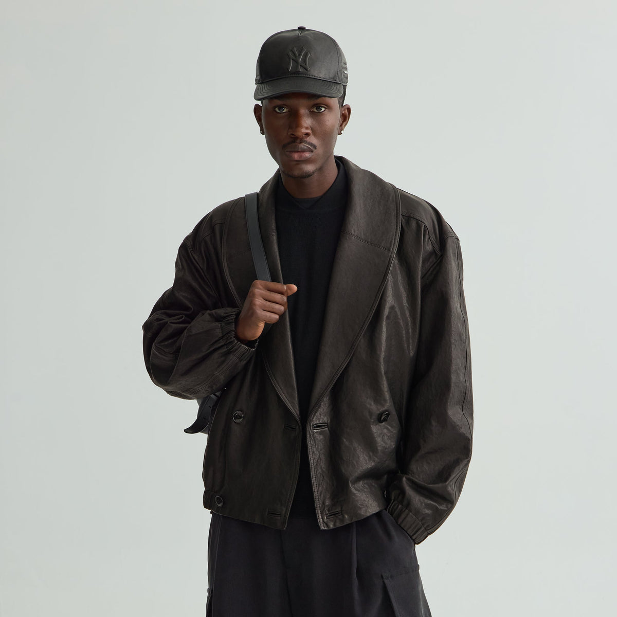 Giorgio Armani & Kith Lamb Leather High Neck Flight Jacket - Black Beauty
