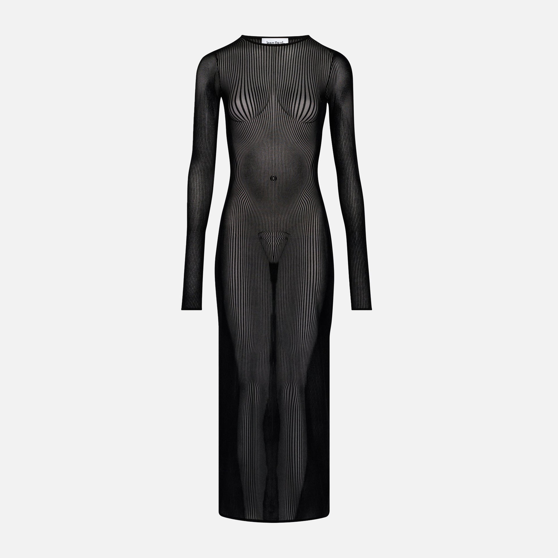 Jean Paul Gaultier Flocked Morphing Pinstripes Mesh Long Dress - Black