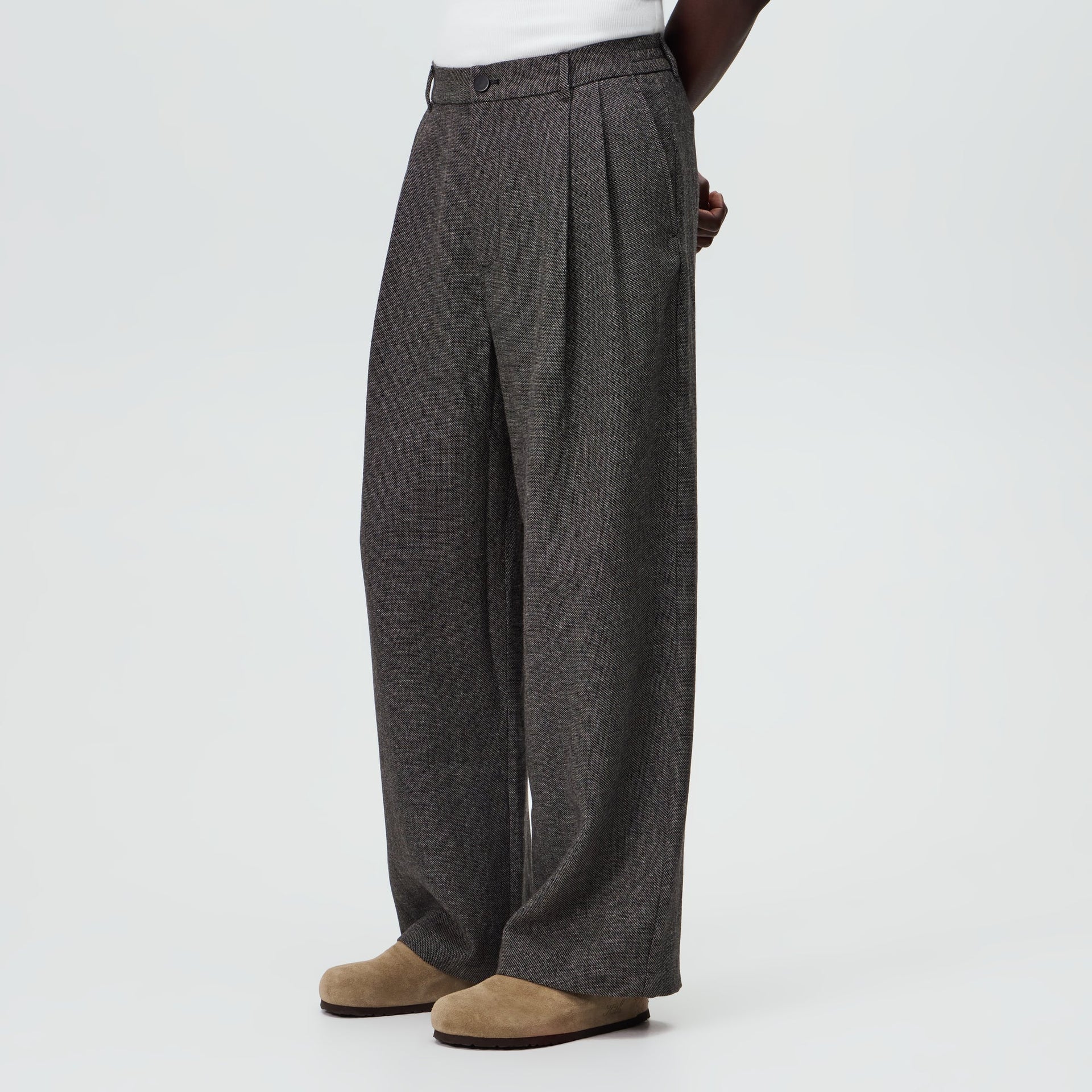 &Kin Textured Linen Flax Brynn Pleated Pant  - Black Melange