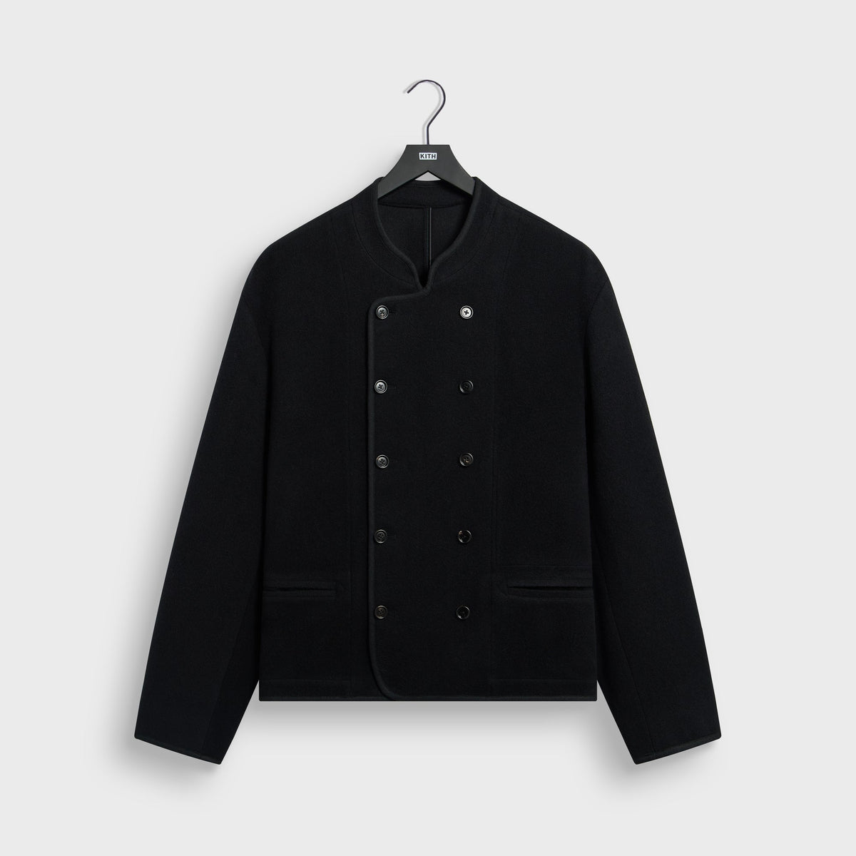 &Kin Wool Cashmere Bowie Jacket in black, front view, collarless double-breasted wool jacket