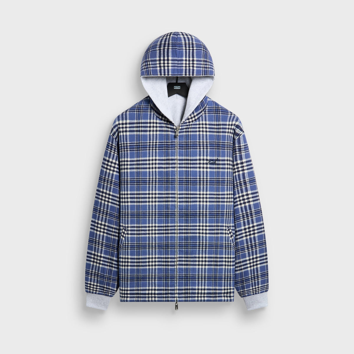 Blue plaid side of the Kith Reversible Khenny zip-up hoodie, front view, hood up