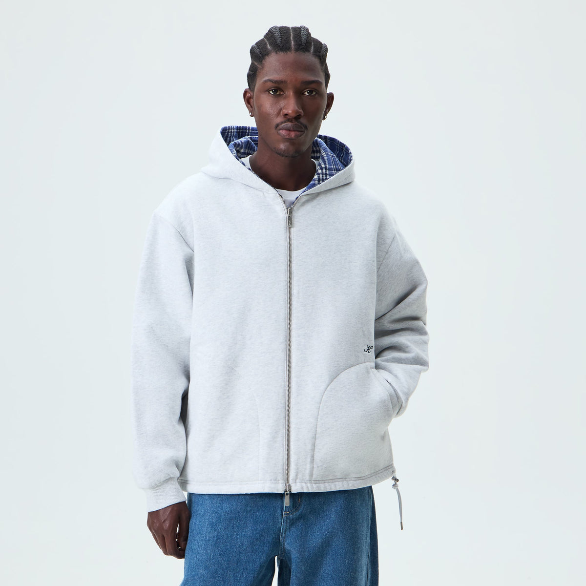 Kith Reversible Waffle Plaid Khenny Zip-Up Hoodie - Light Heather Grey