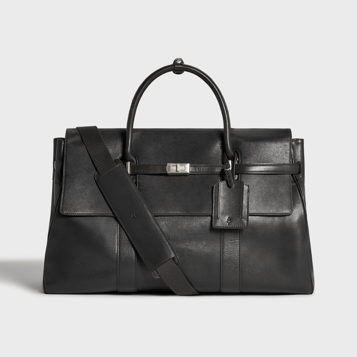 &Kin Vintage Textured Leather Carryall in black, front view, leather weekender with turnlock and strap