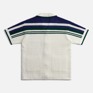 Casablanca Crochet Effect Tennis Shirt - White / Blue-Green Stripe