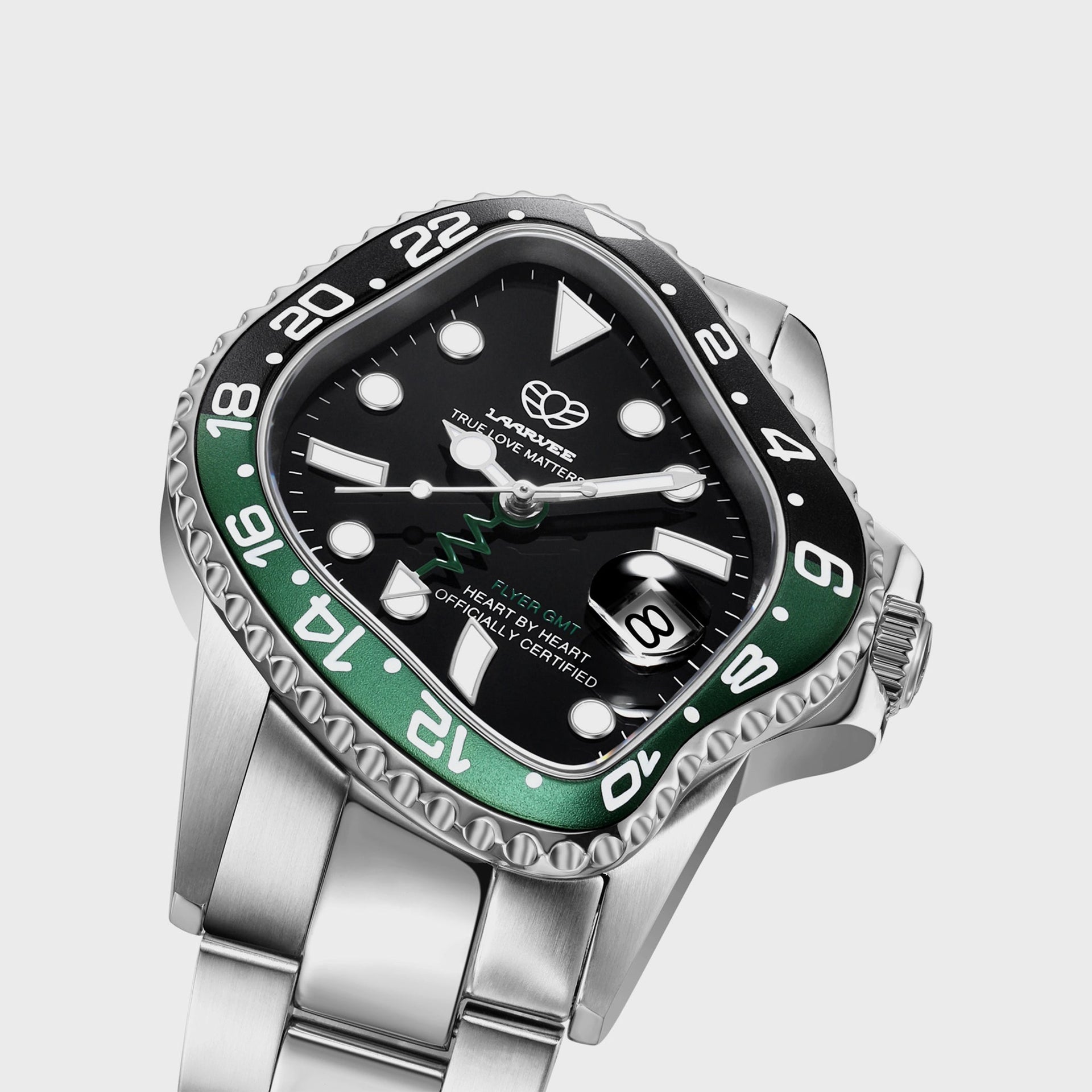 LAARVEE Silver Precision Steel - Black / Green Aluminum Bezel / Black Dial