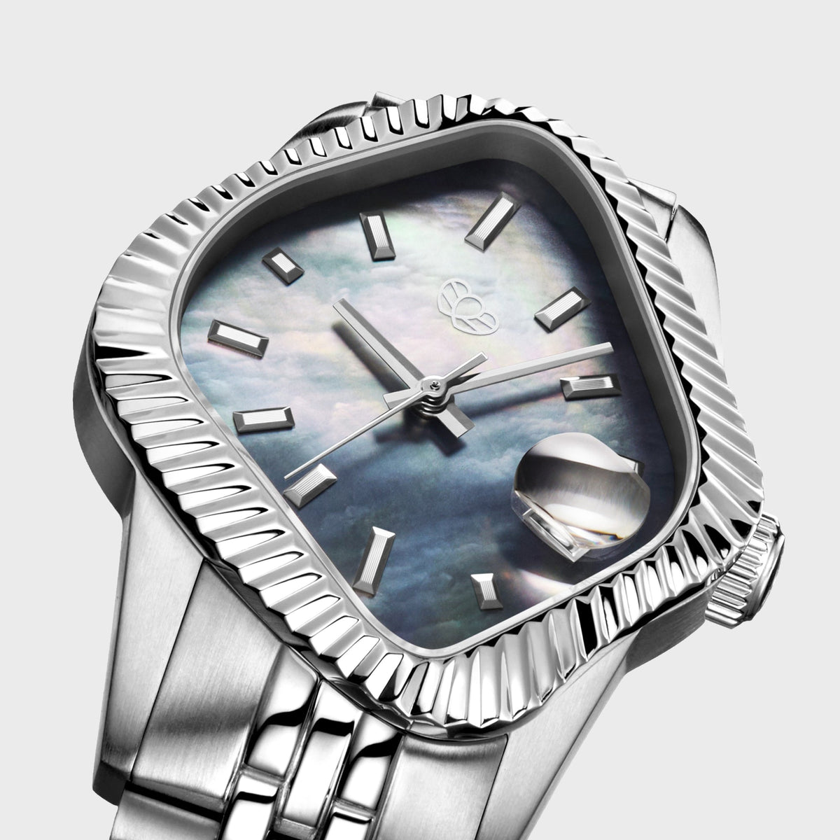 LAARVEE Silver Precision Steel - Fluted Bezel / Black Mother Of Pearl Dial