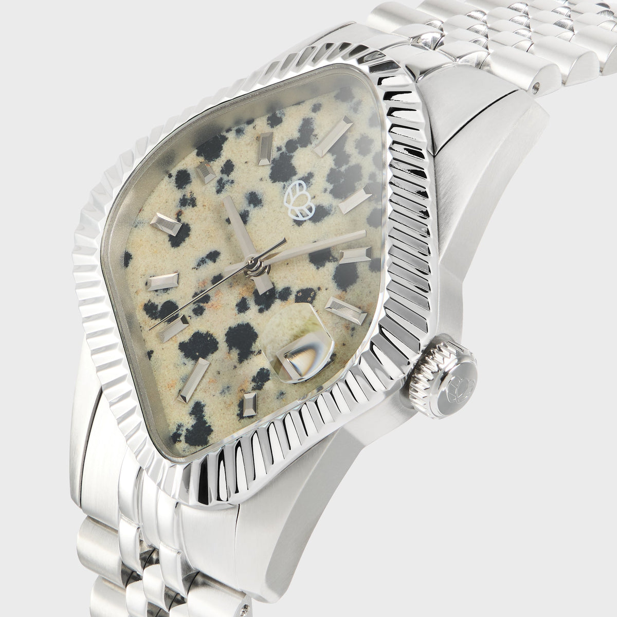 LAARVEE Silver Precision Steel Watch - Fluted Bezel / Dalmatian Stone Dial