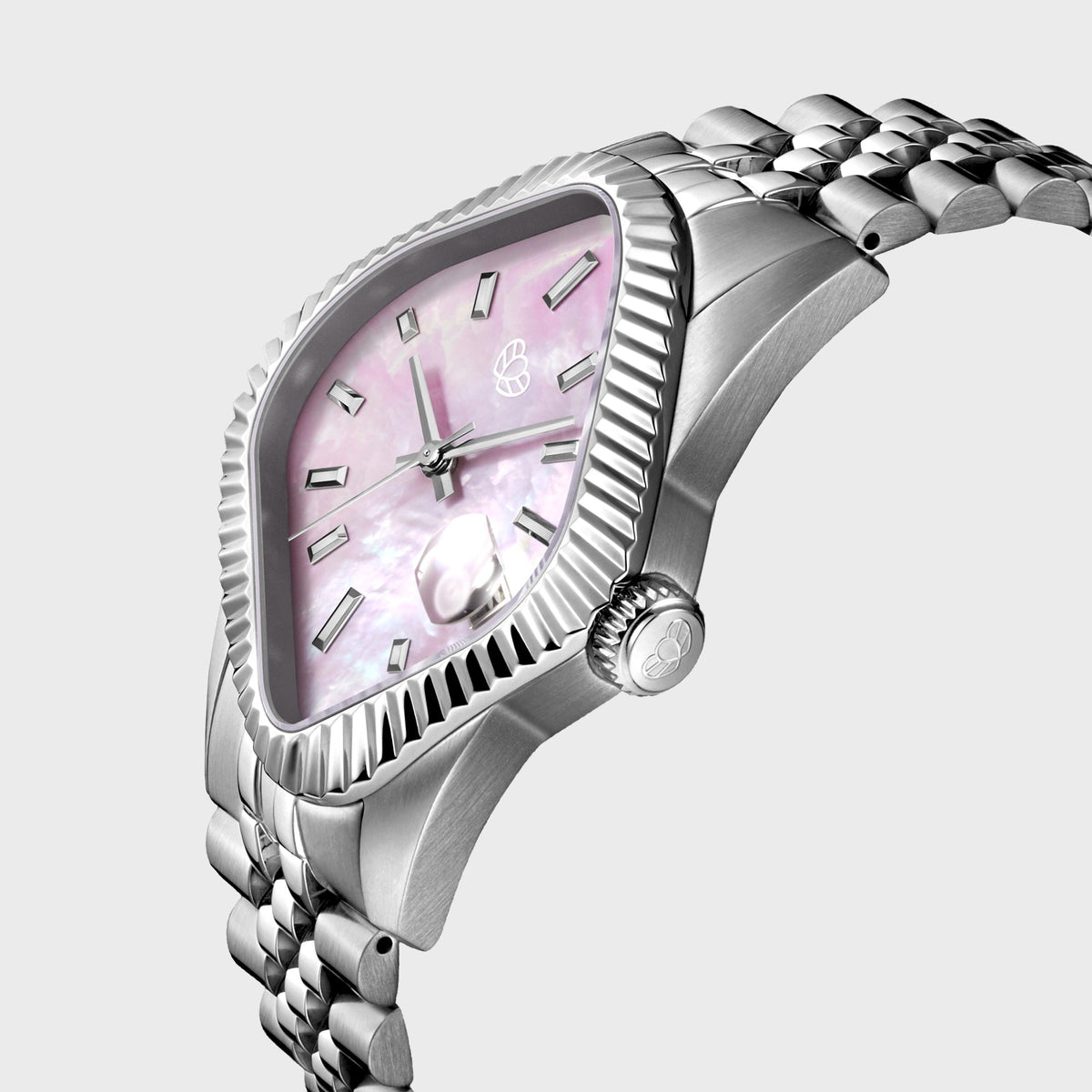 LAARVEE Silver Precision Steel - Fluted Bezel / Pink Mother Of Pearl Dial