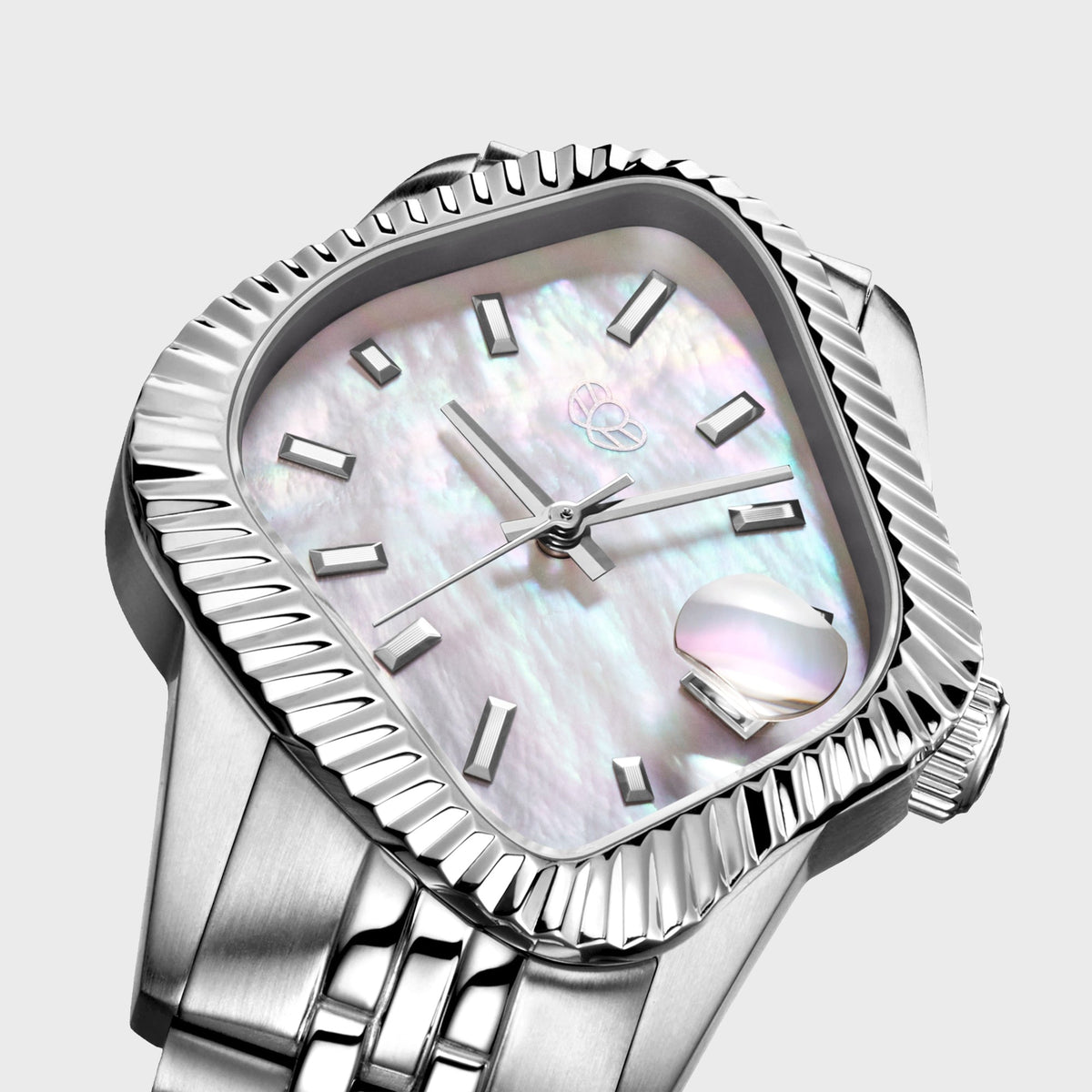 LAARVEE Silver Precision Steel - Fluted Bezel / White Mother Of Pearl Dial