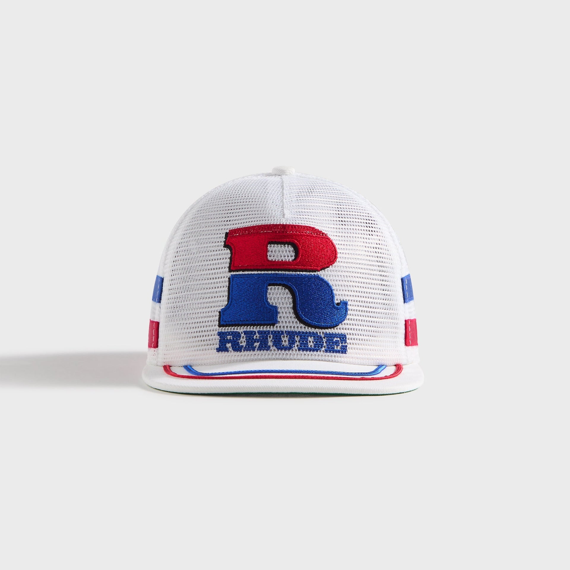 Rhude Split Petrol Logo Mesh Trucker Cap - White / Red / Blue