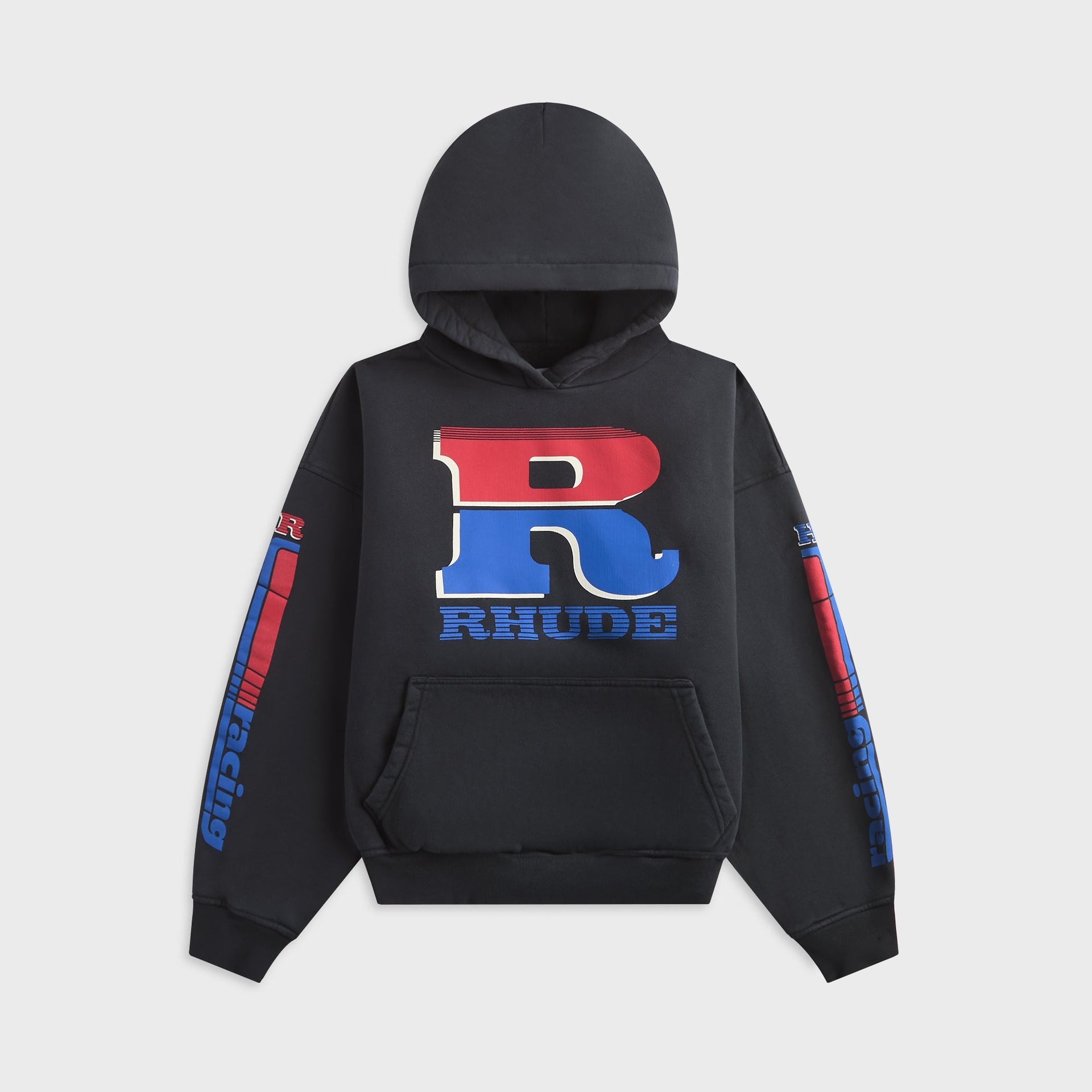 Rhude Split Petrol Logo Hoodie - Vintage Black / Red / Blue