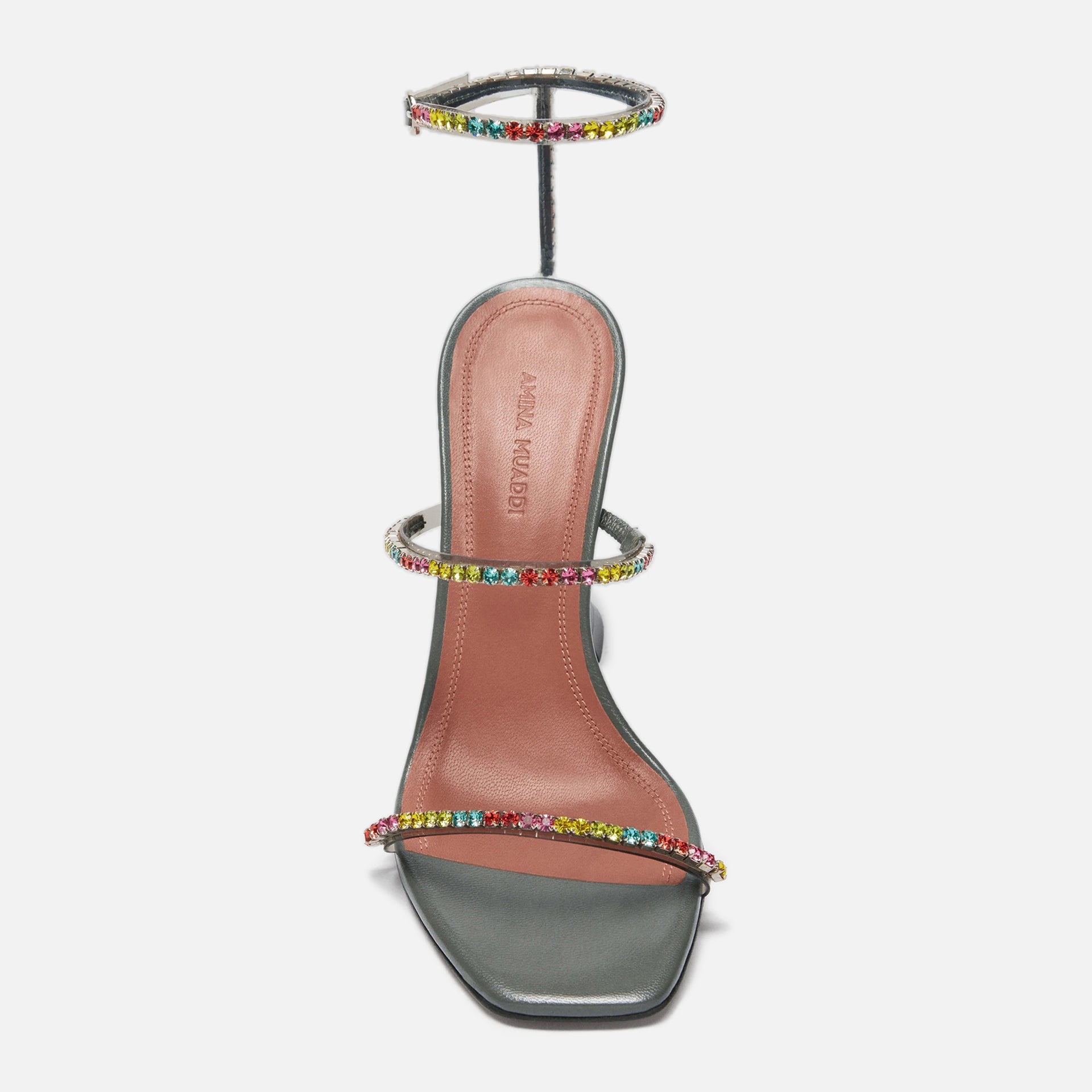 Amina Muaddi Gilda Glass Slipper - PVC Grey / Cocktail Rainbow Crystal