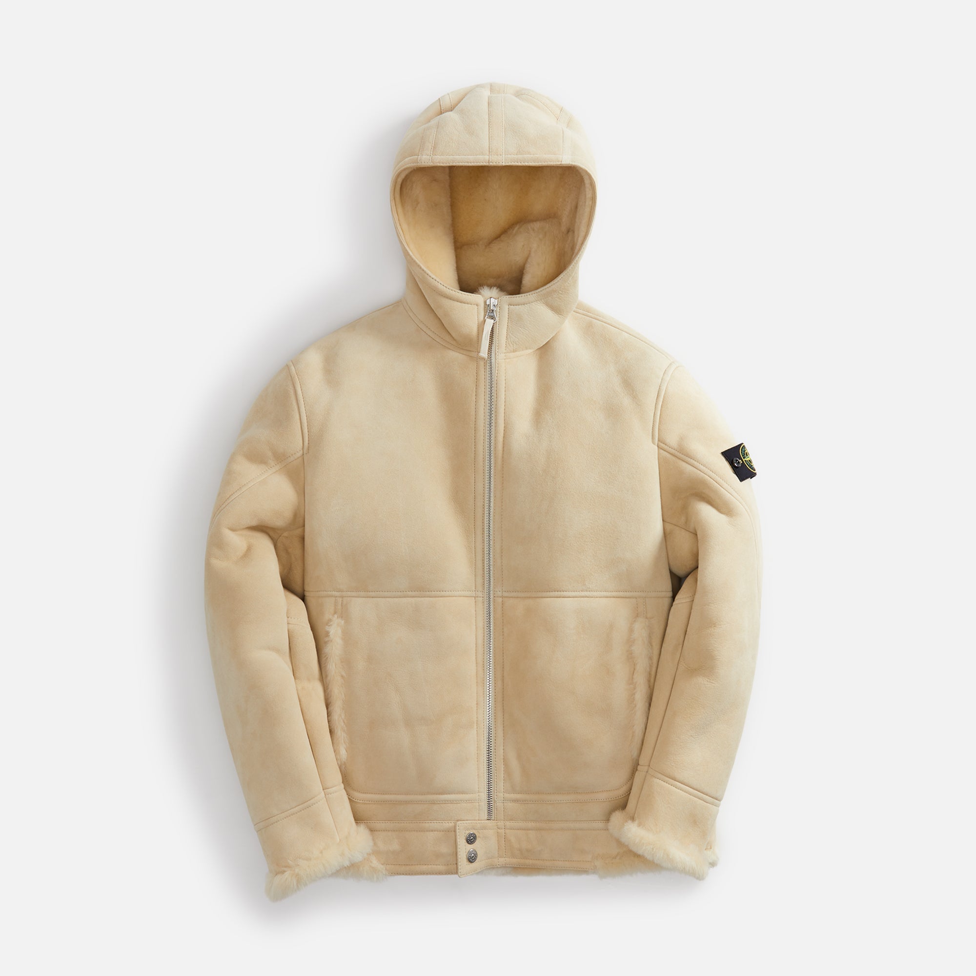 Supreme stone island hand painted hooded shearling jacket online white