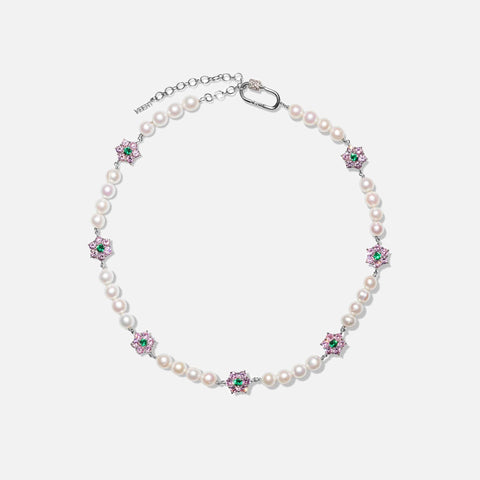 VEERT Pink & Green Flower Stone Freshwater Pearl Necklace - White Gold