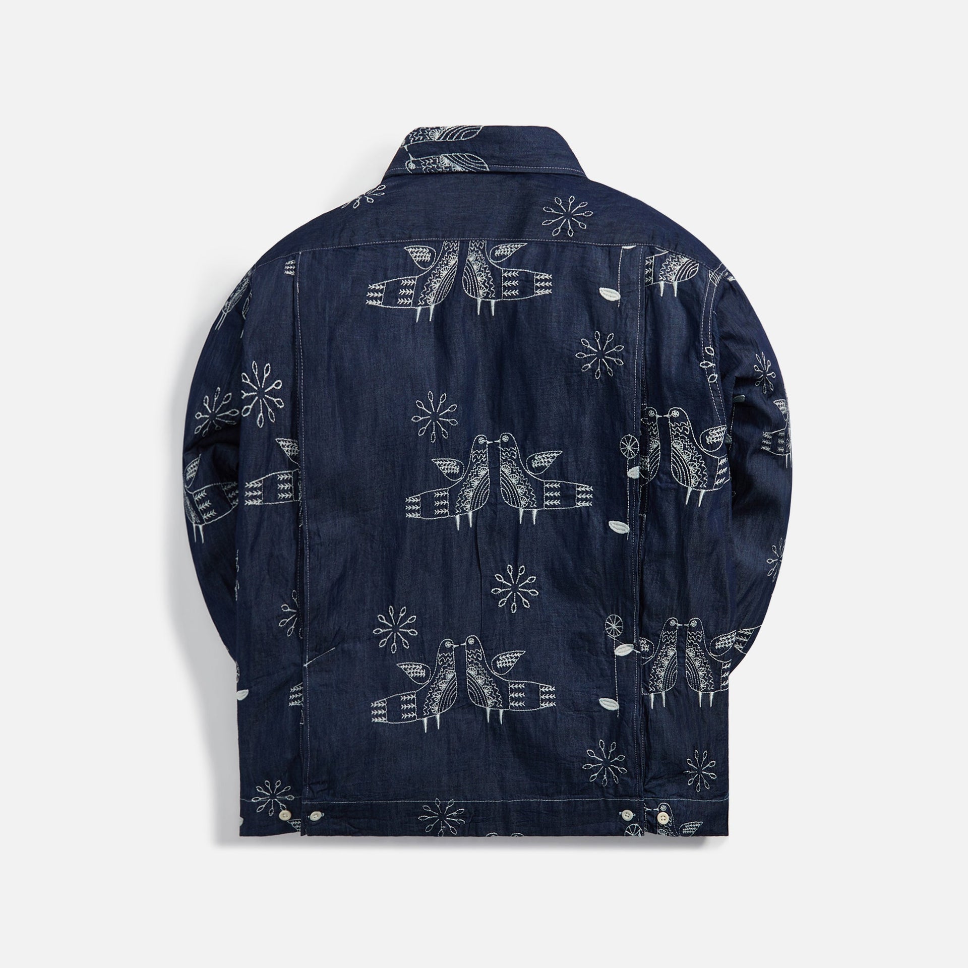 Engineered Garments Olive Bowling Shirt Bird Embroidery Denim - Indigo