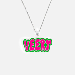 VEERT Retro Logo Pendant with Chain - White Gold / Green / Pink