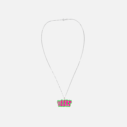 VEERT Retro Logo Pendant with Chain - White Gold / Green / Pink