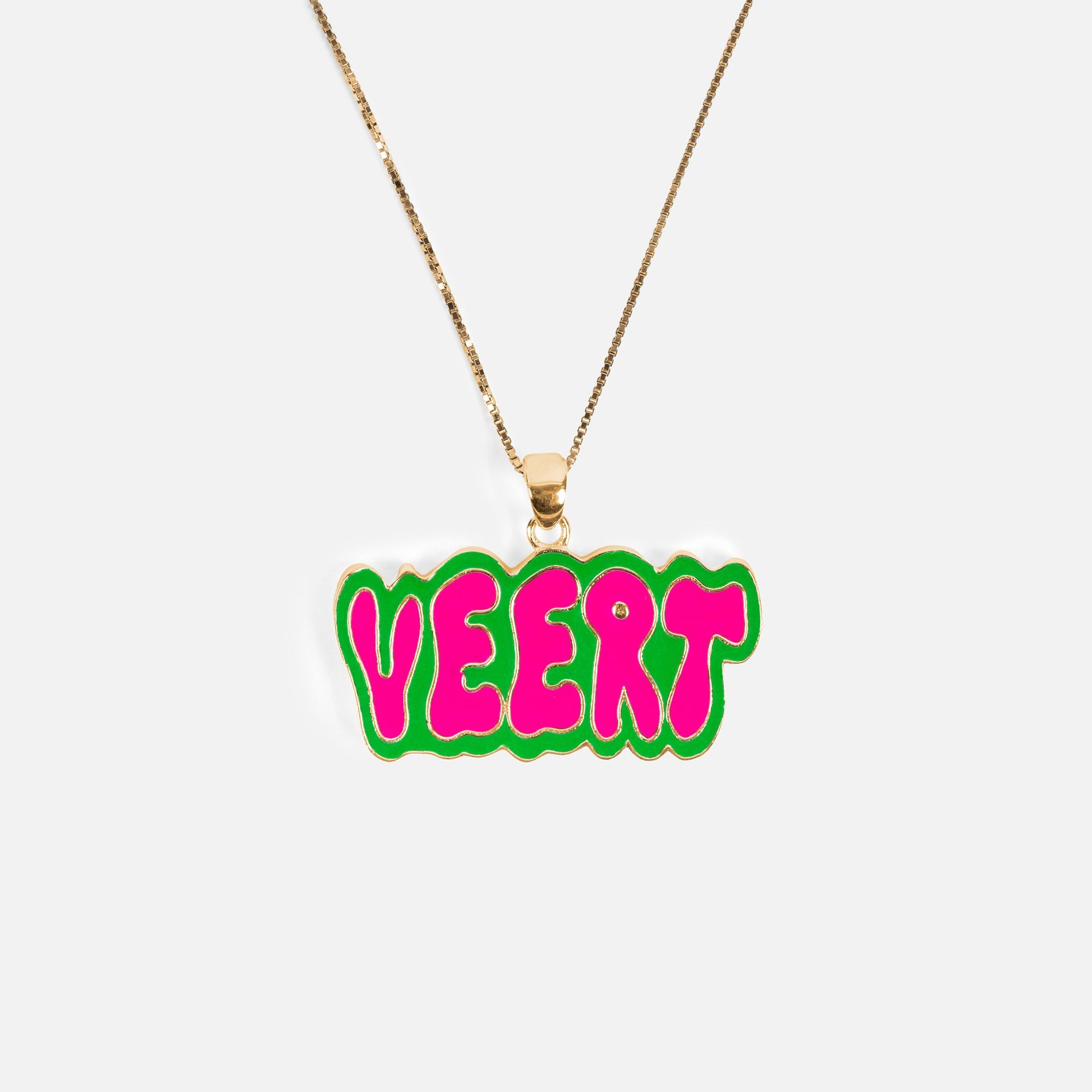 VEERT Retro Logo Pendant with Chain - Yellow Gold / Green / Pink