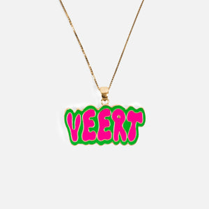 VEERT Retro Logo Pendant with Chain - Yellow Gold / Green / Pink