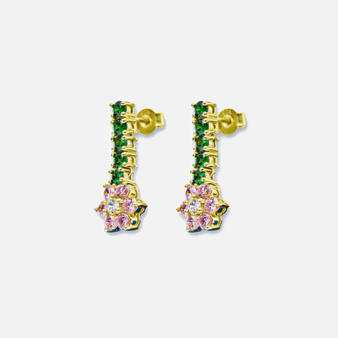 VEERT Pink & Green Flower Earrings - Yellow Gold